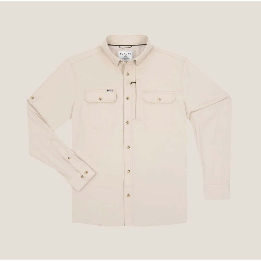 Poncho Outdoors Mens Long Sleeve Hey Buddy Shirt Large Tan Magnetic Pockets